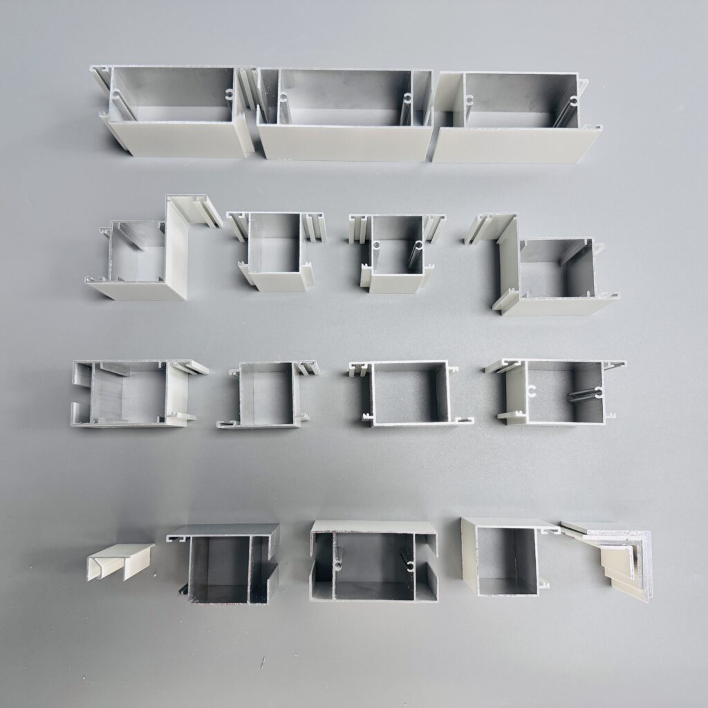 Powder-coated aluminum extrusion profiles for window frames, various cross-sections