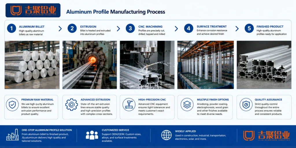Process flow chart from aluminum billet → extrusion → CNC machining → surface treatment → finished product. This helps visualize the manufacturing process