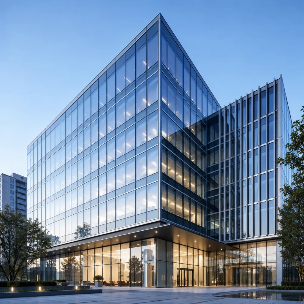 Modern commercial building with slim-frame glass facade and aluminum curtain wall system