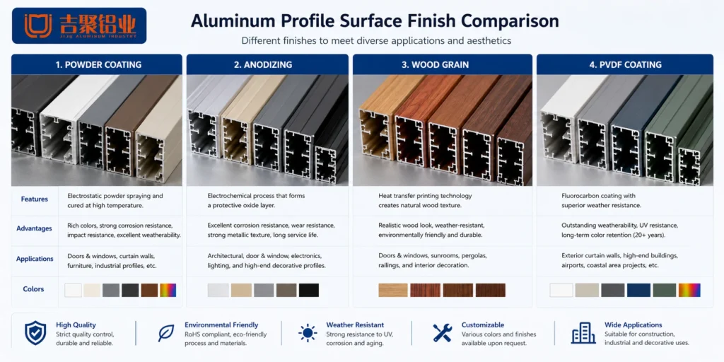 ide-by-side comparison of powder coating, anodizing, wood grain, and PVDF surface finishes. This helps buyers visually compare finishes.