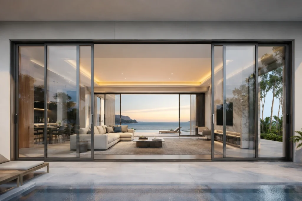Large panoramic aluminum sliding doors used in luxury villas or hotels.
