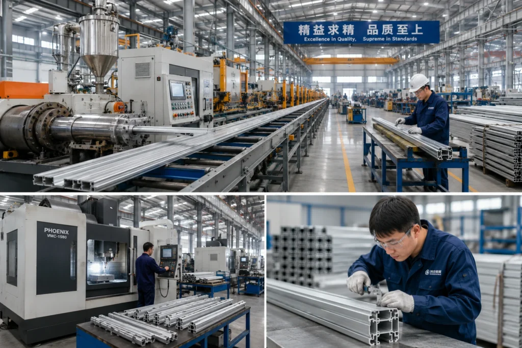 A modern aluminum extrusion production line with extrusion machines, CNC processing equipment, and workers inspecting profiles.