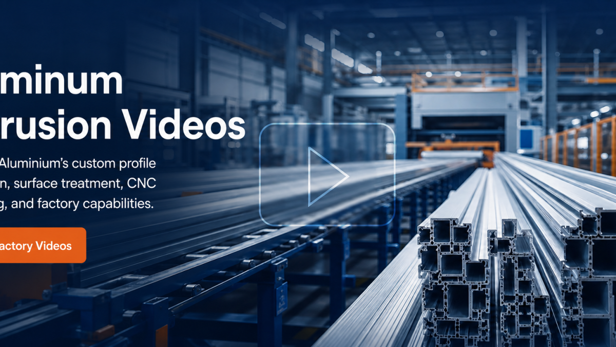 Aluminum extrusion videos showing JIJU Aluminium custom profile production, surface treatment, CNC machining, and factory capabilities
