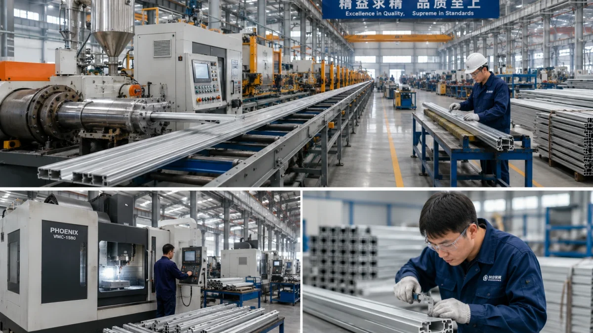 A modern aluminum extrusion production line with extrusion machines, CNC processing equipment, and workers inspecting profiles